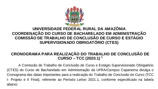 CRONOGRAMA PARA REALIZAÇÃO DO TRABALHO DE CONCLUSÃO DE CURSO TCC 2020.1