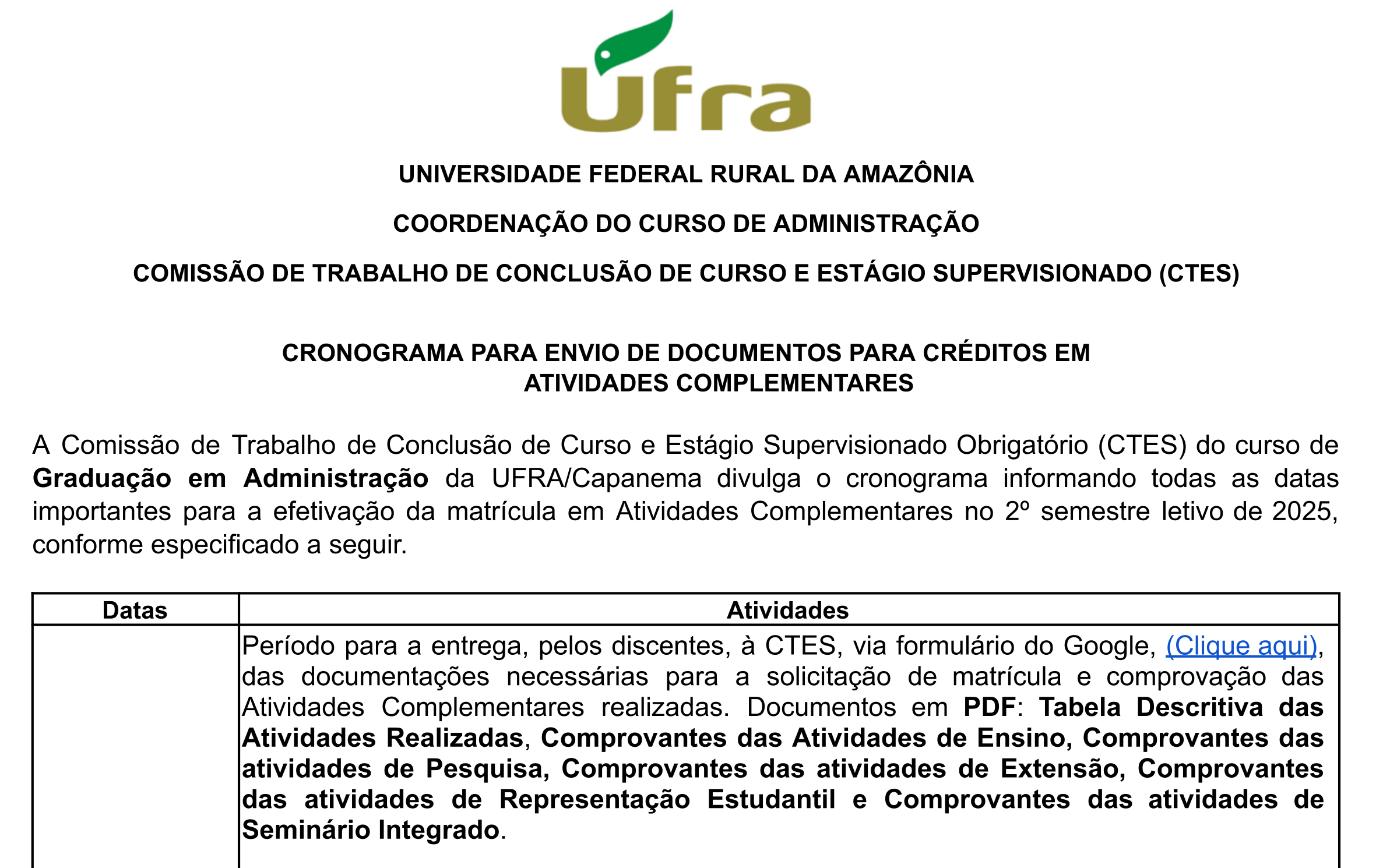 Cronograma Estágio Supervisionado Obrigatório 2025.2