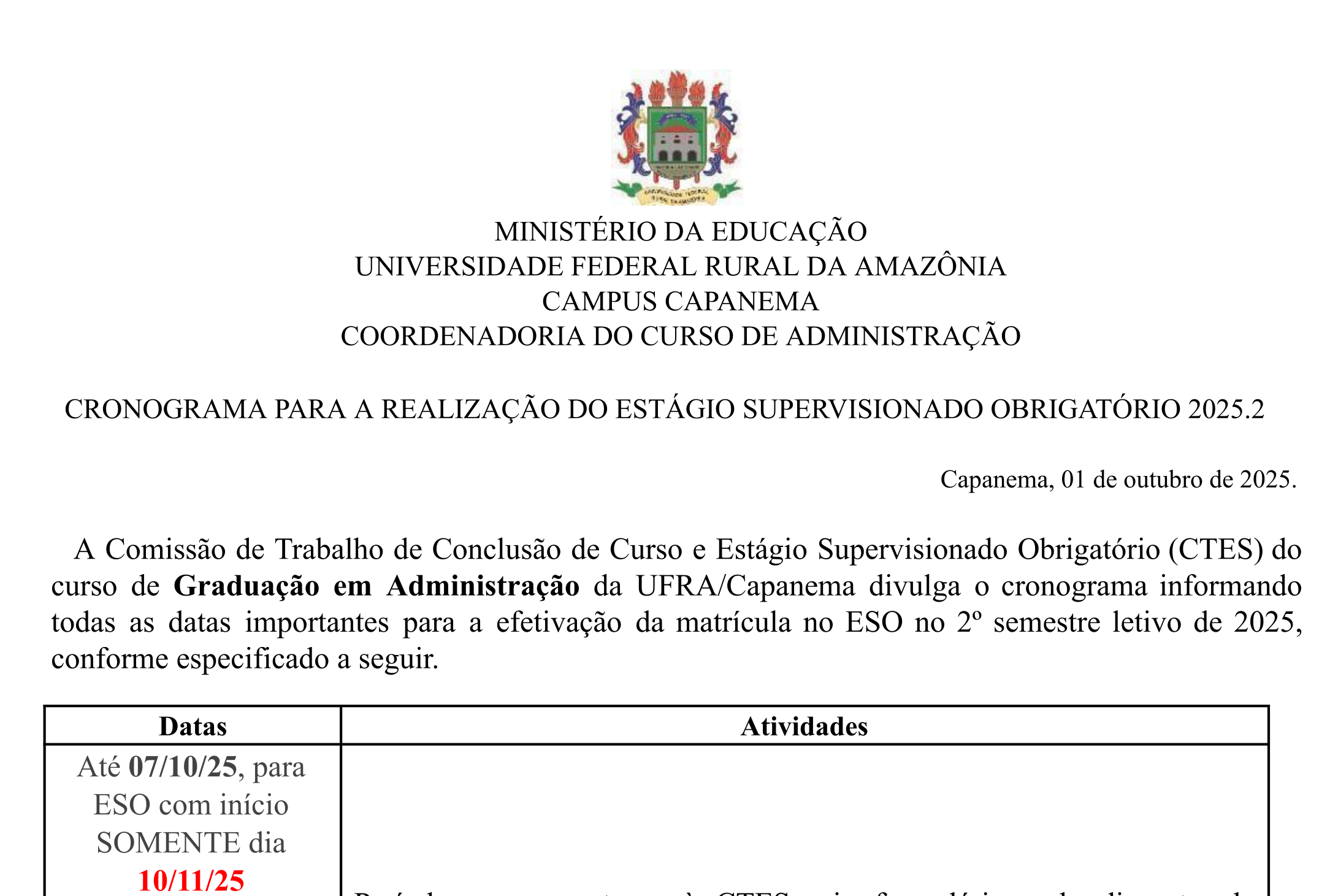 Cronograma Estágio Supervisionado Obrigatório 2025.2