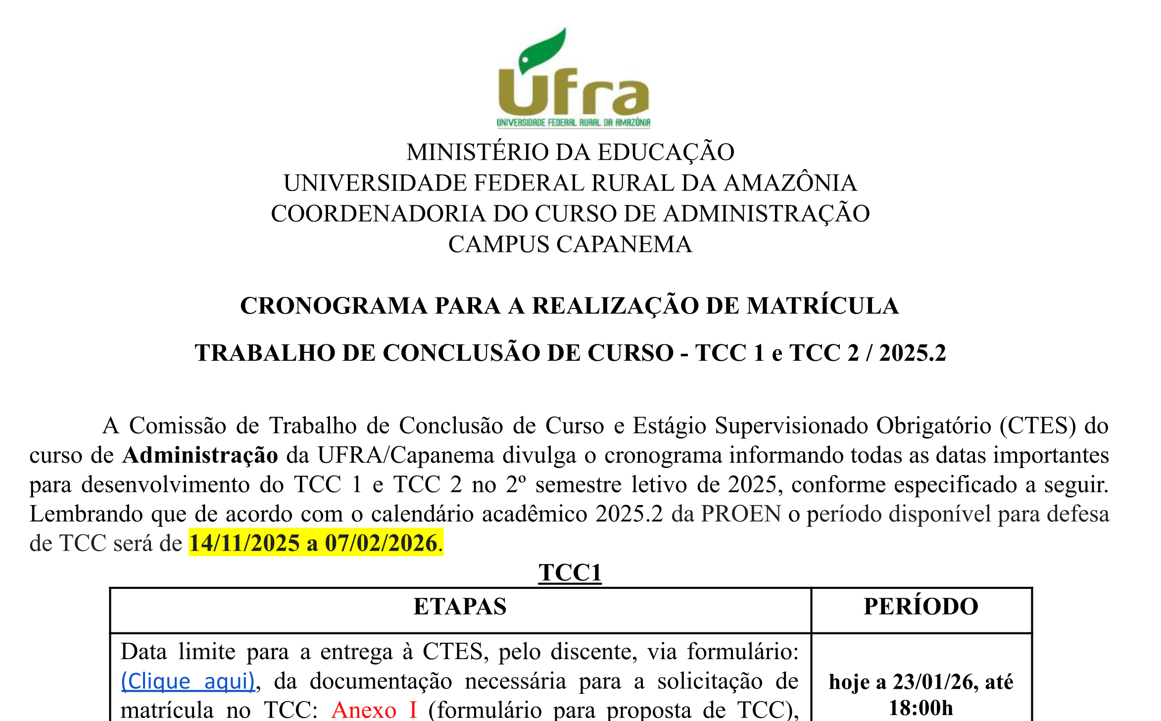 Cronograma Estágio Supervisionado Obrigatório 2025.2