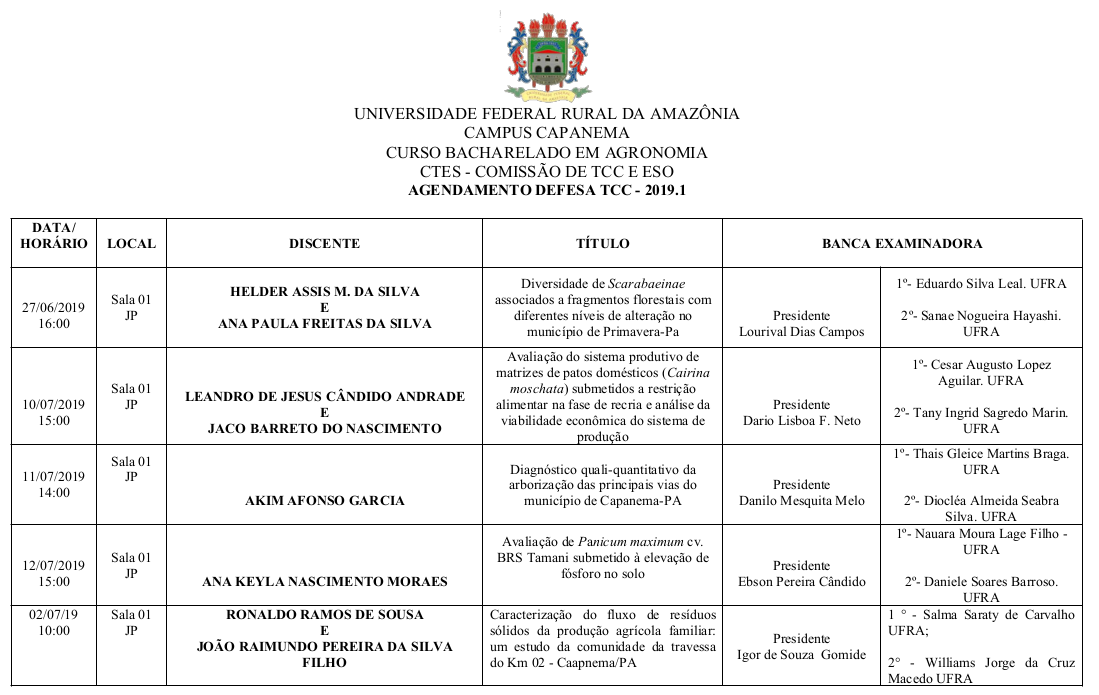 AGENDAMENTO DEFESA AGRONOMIA 2019 1
