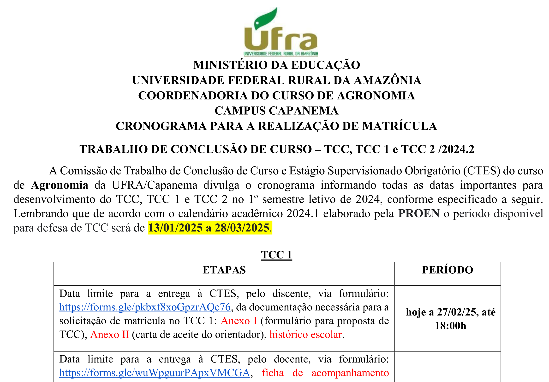 Cronograma TCC1 TCC2 2024.2