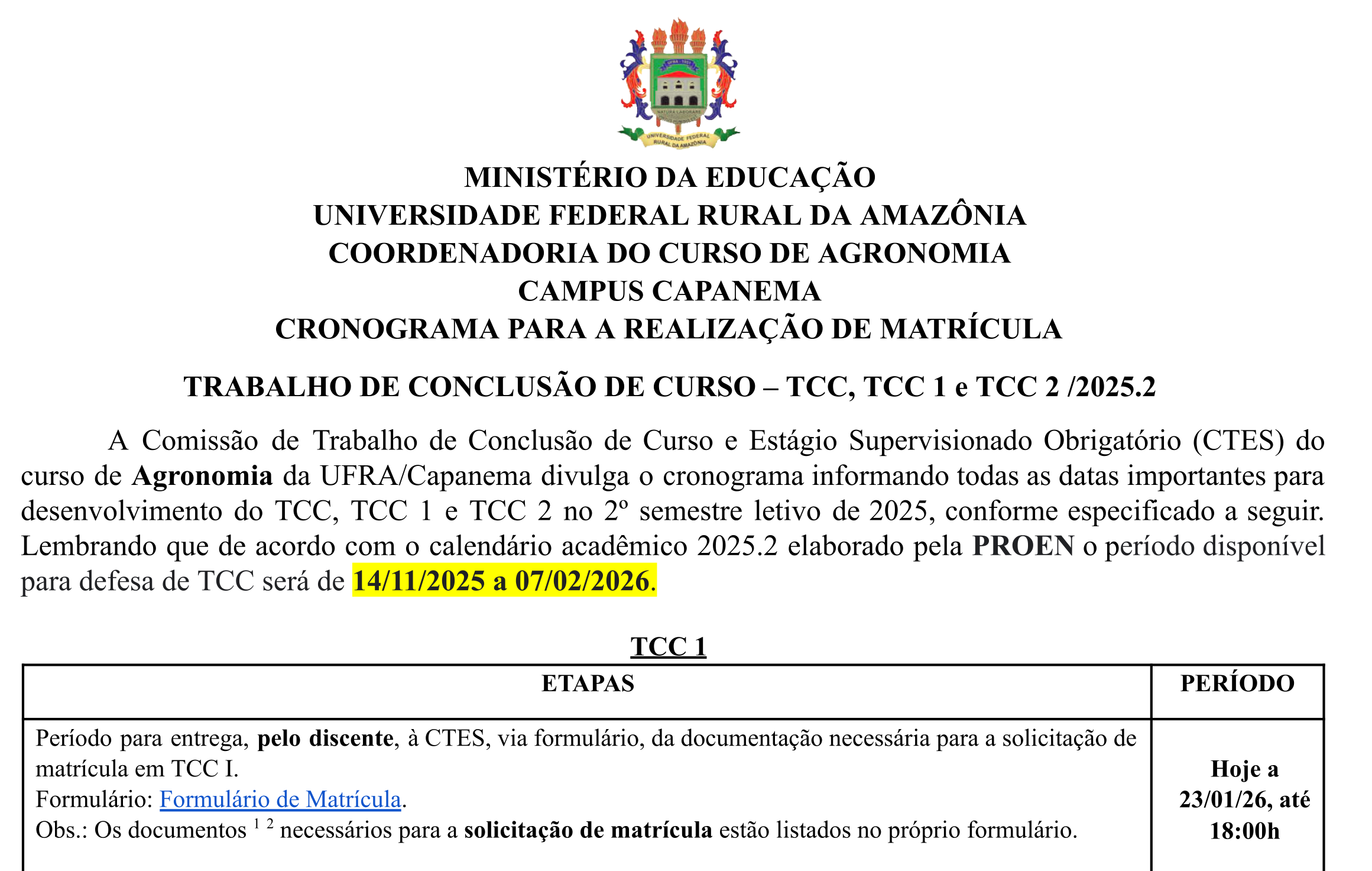 Cronograma TCC1 TCC2 2025.2