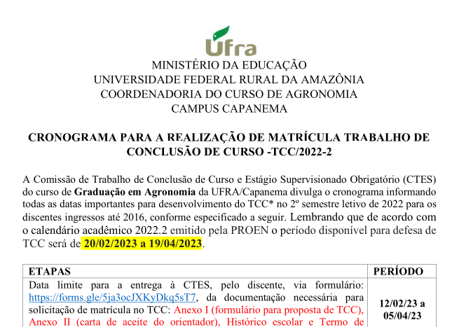 Cronograma TCC 2022.2 Discentes ingressos até 2016