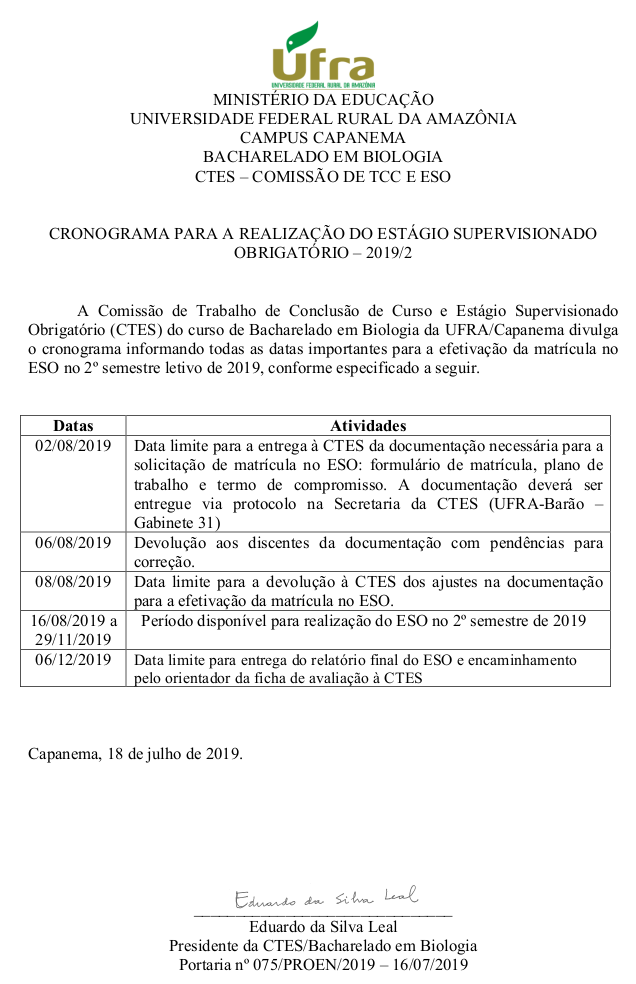 Cronograma ESO 2019.2 Biologia Bacharelado