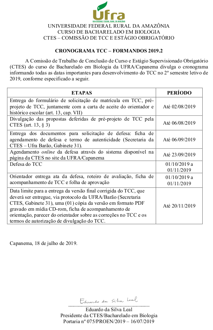 Cronograma TCC 2019.2 Biologia bacharelado