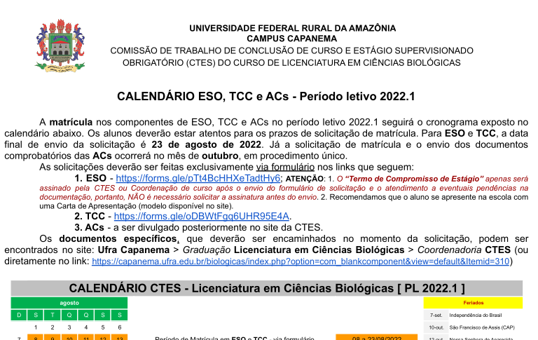 CALENDÁRIO CTES Licenciatura em Ciências Biológicas PL 2022 1