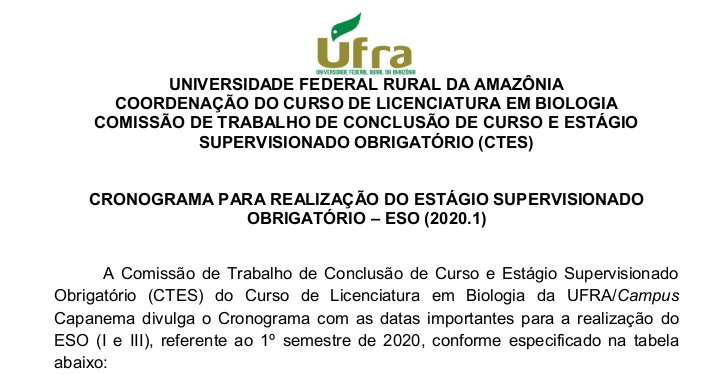 CRONOGRAMA PARA REALIZAÇÃO DO ESTÁGIO SUPERVISIONADO OBRIGATÓRIO ESO 2020.1
