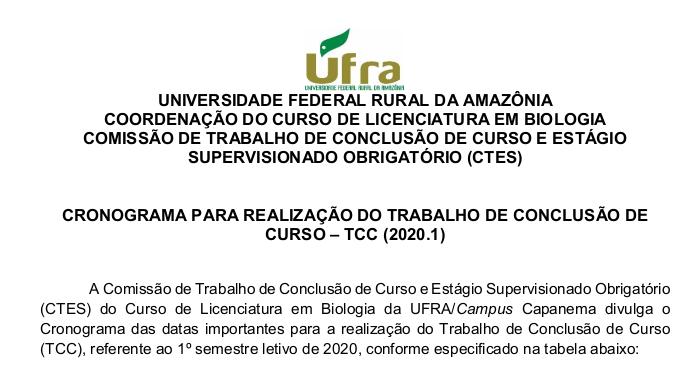 CRONOGRAMA PARA REALIZAÇÃO DO TRABALHO DE CONCLUSÃO DE CURSO TCC 2020.1