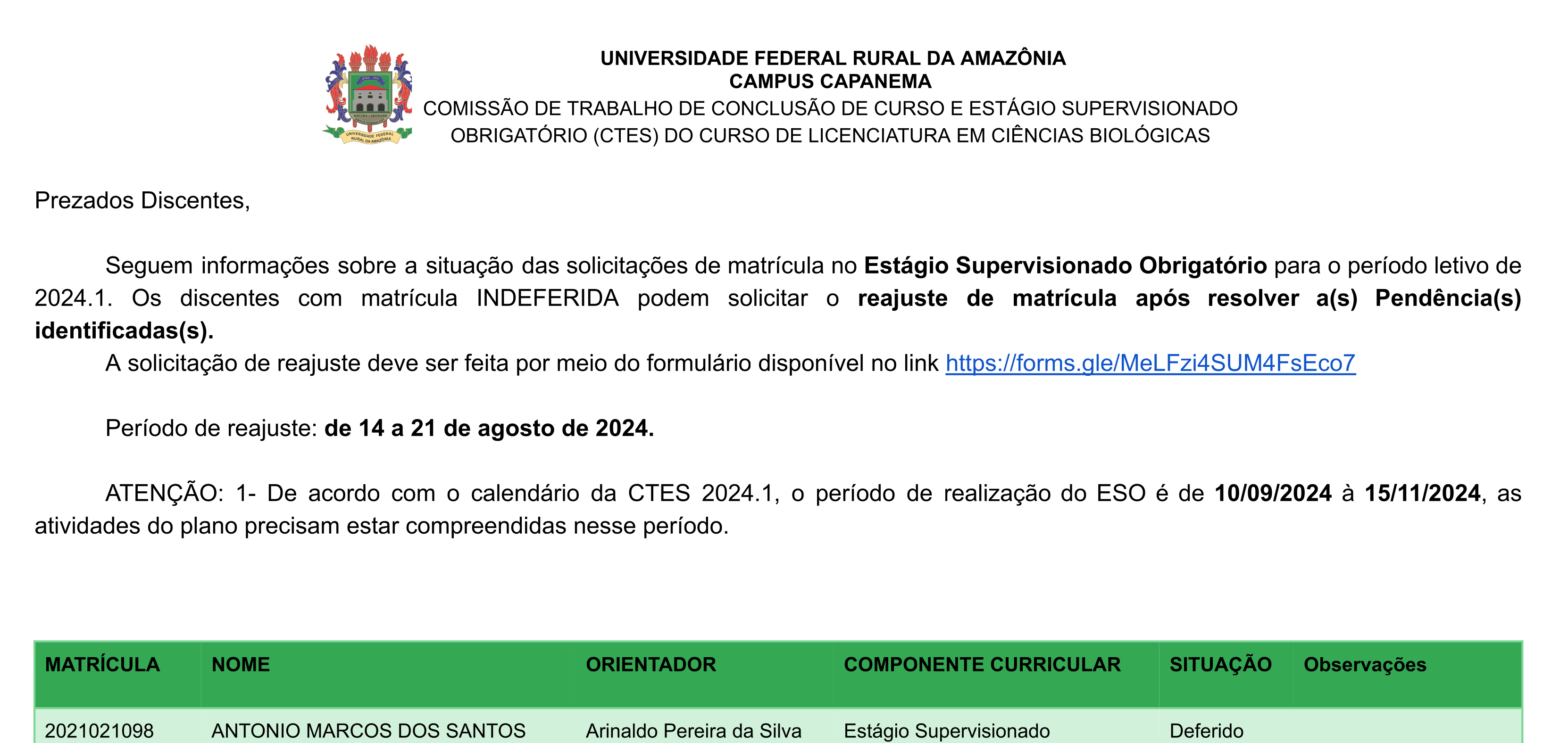 Homologação ESO Matrícula 2024.1