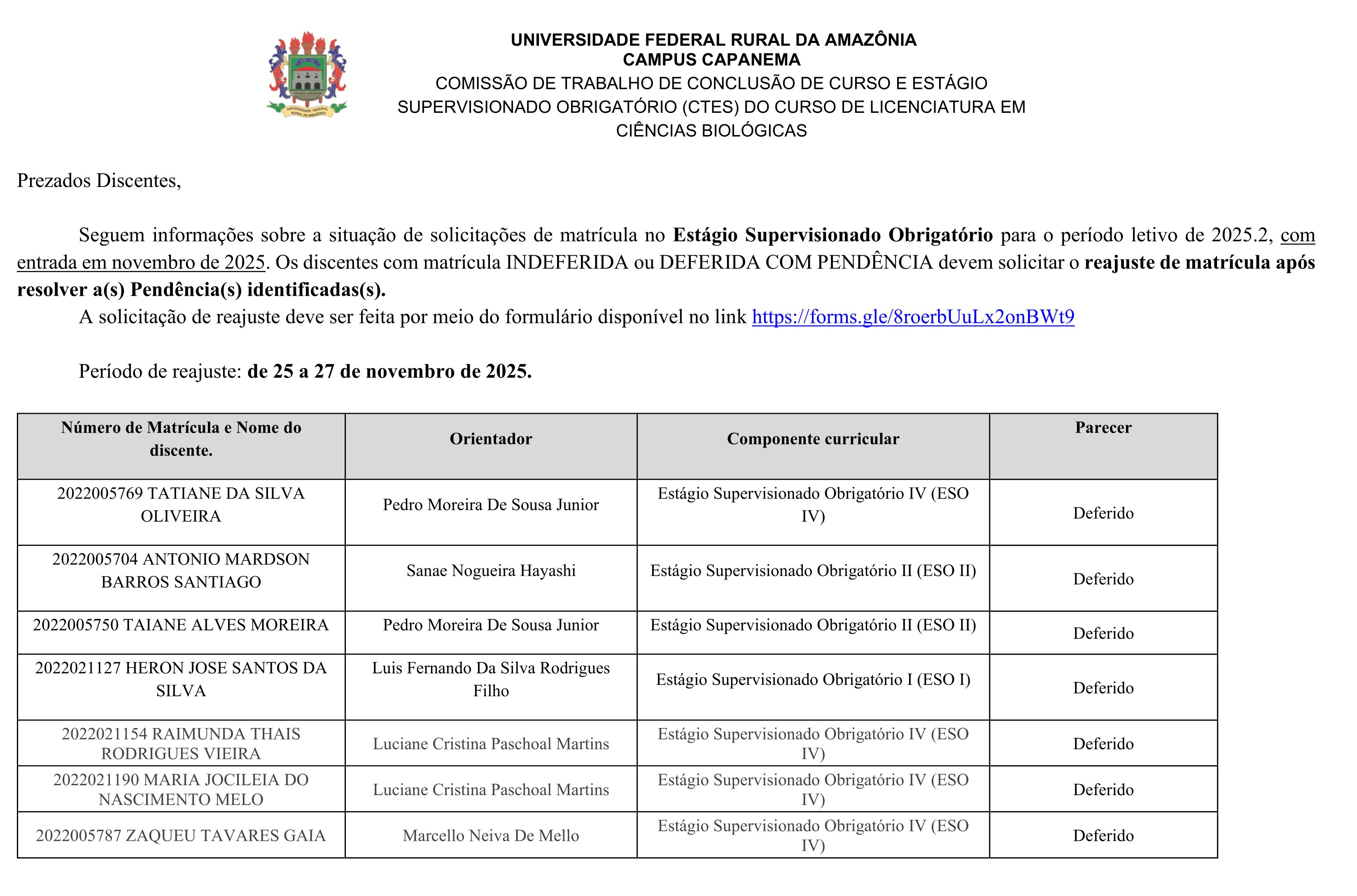 Homologação ESO TCC Matrícula 2025.2 Entrada novembro