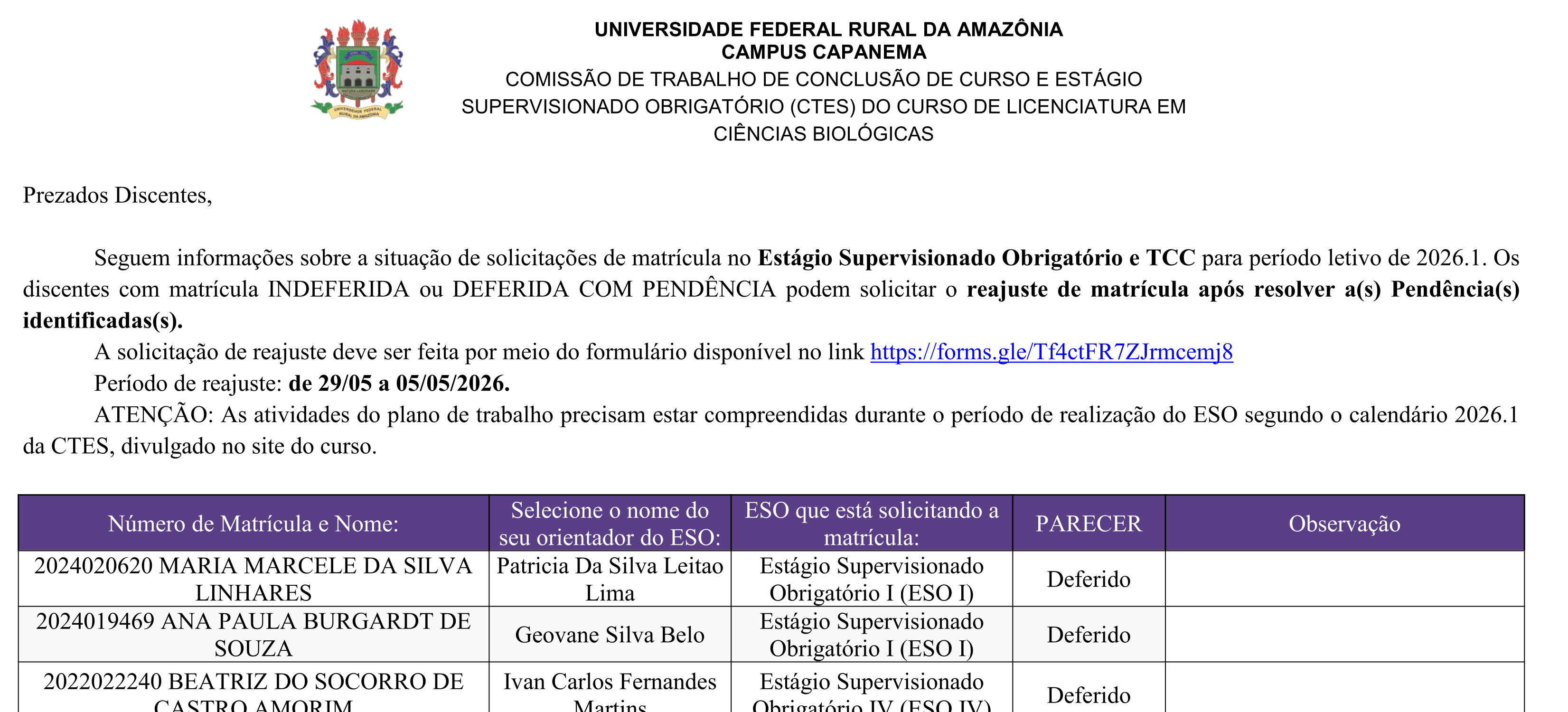 Homologação ESO TCC Matrícula 2026.1