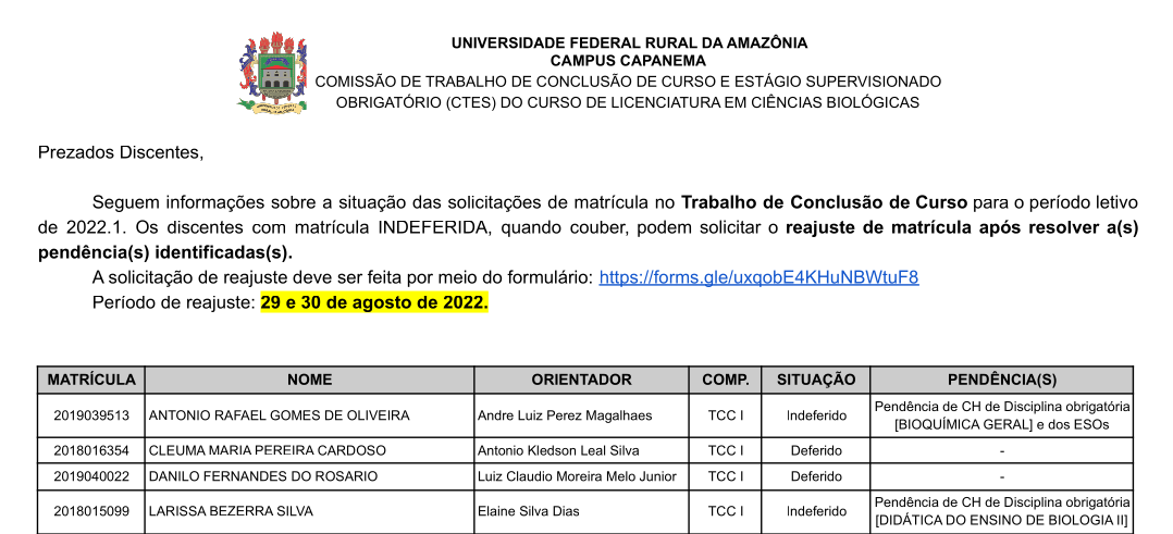Homologação TCC MATRICULA 2022 1
