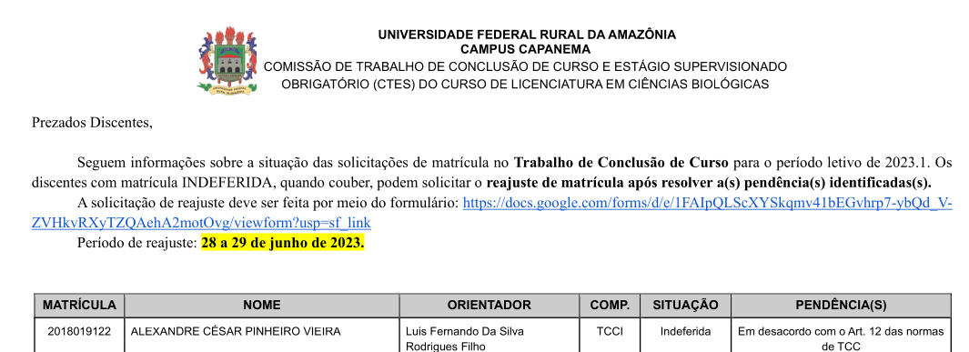 Homologação TCC MATRICULA 2023 1