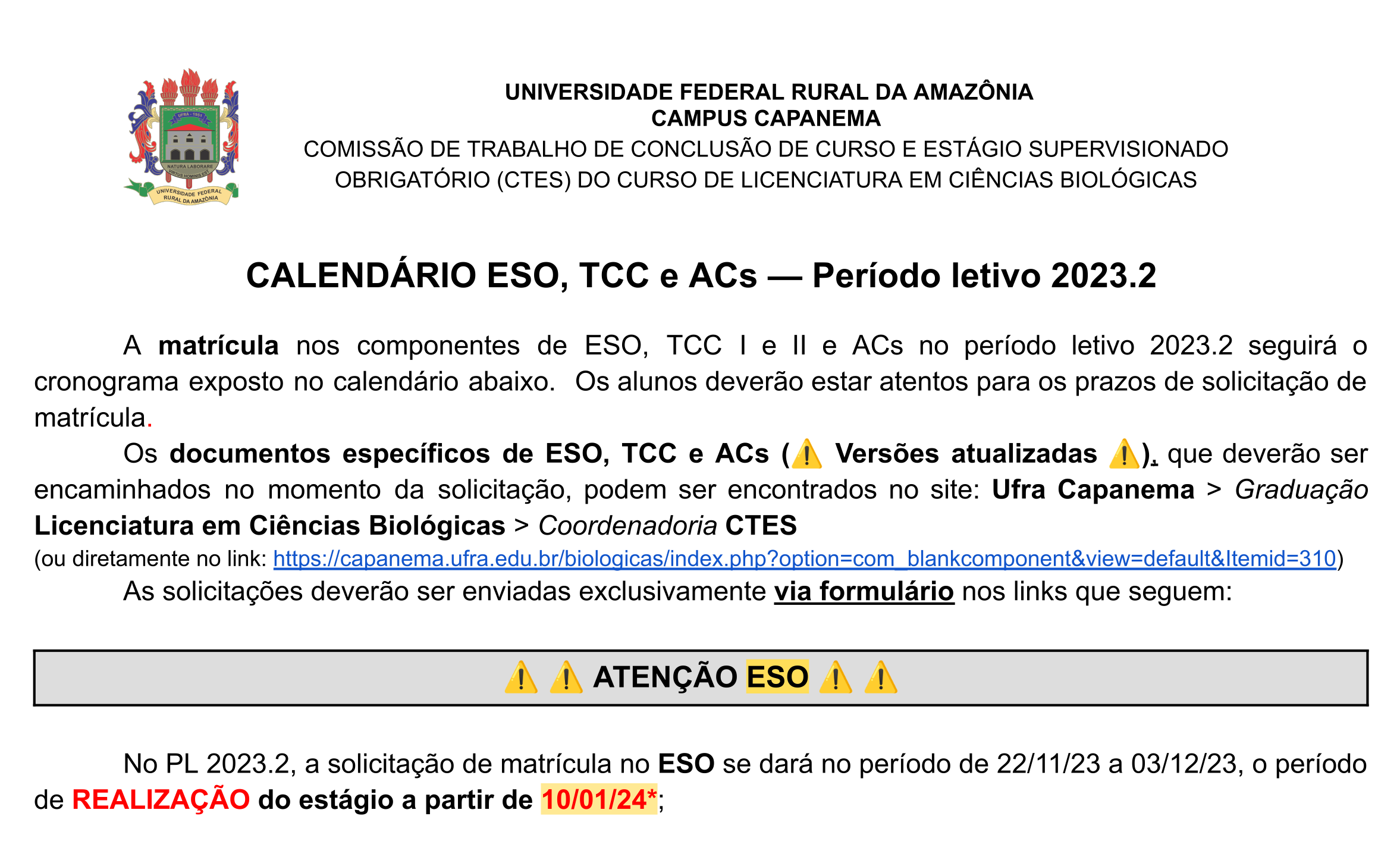 PL 2023 2 CALENDÁRIO CTES Licenciatura em Ciências Biológicas 22112023