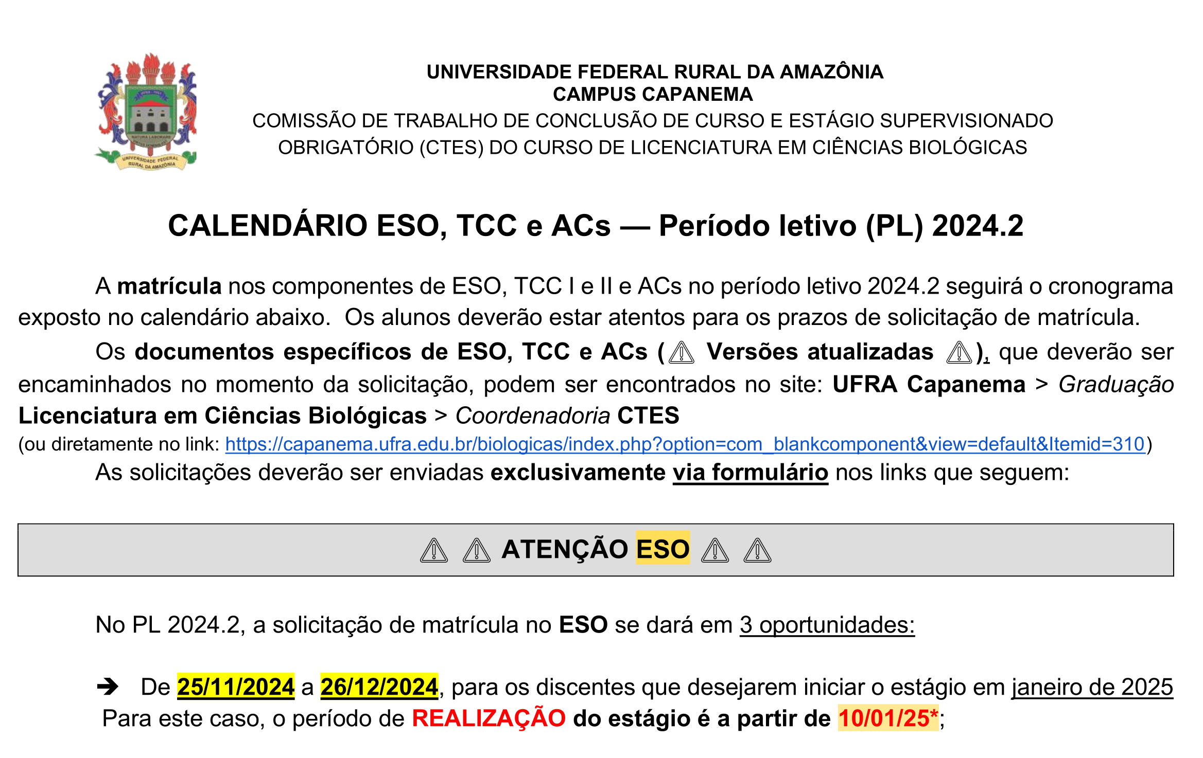 PL 2024 2 CALENDÁRIO CTES Licenciatura em Ciências Biológicas Atualizado