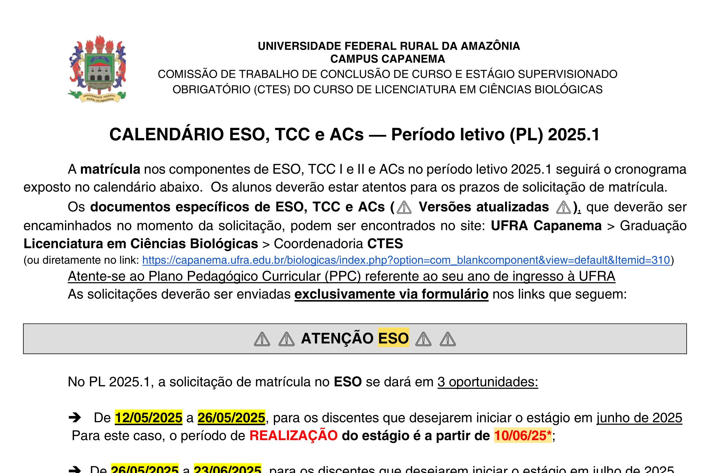 PL 2025 1 CALENDÁRIO CTES Licenciatura em Ciências Biológicas