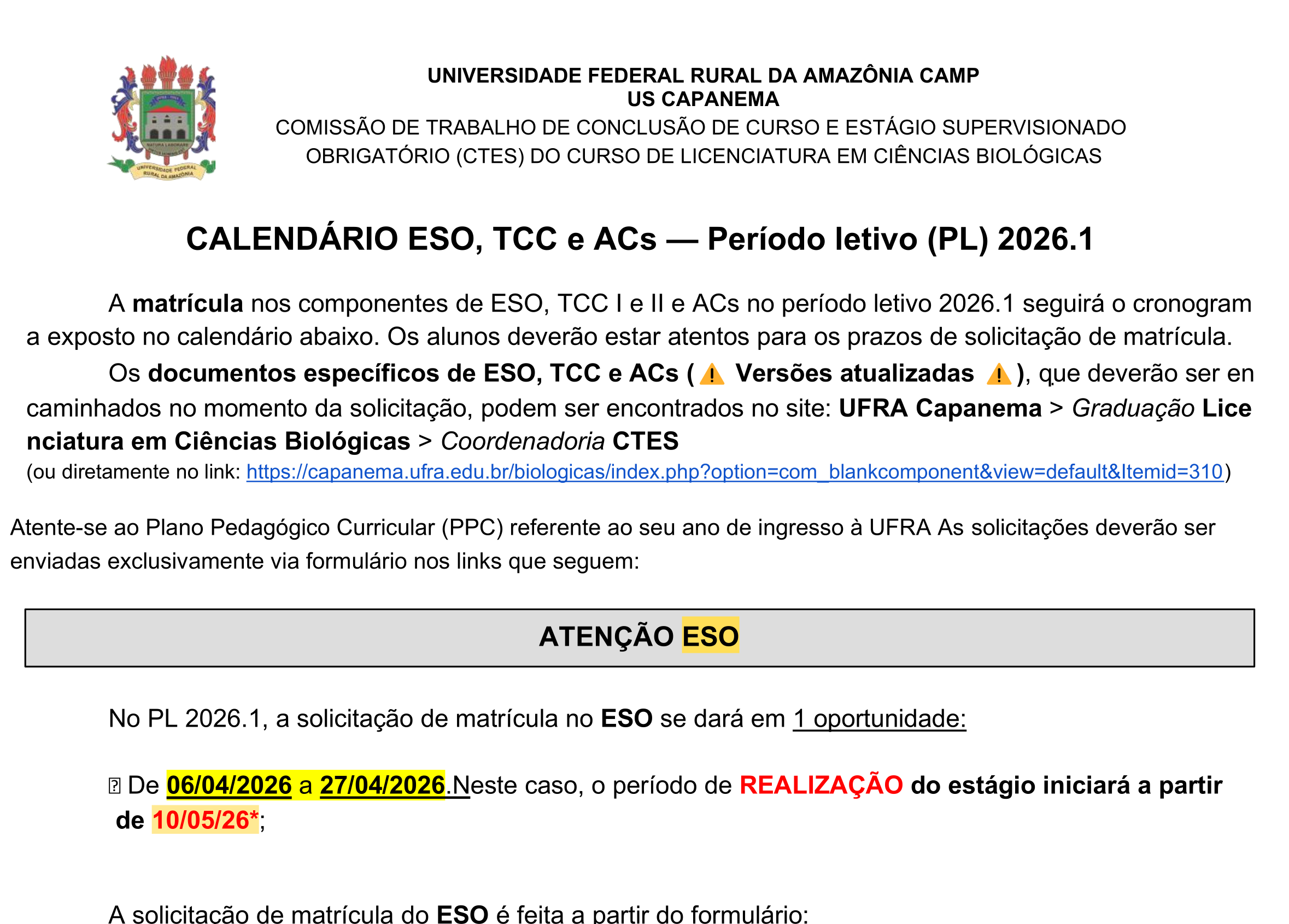 Calendário CTES Licenciatura em Ciências Biológicas 2026.1