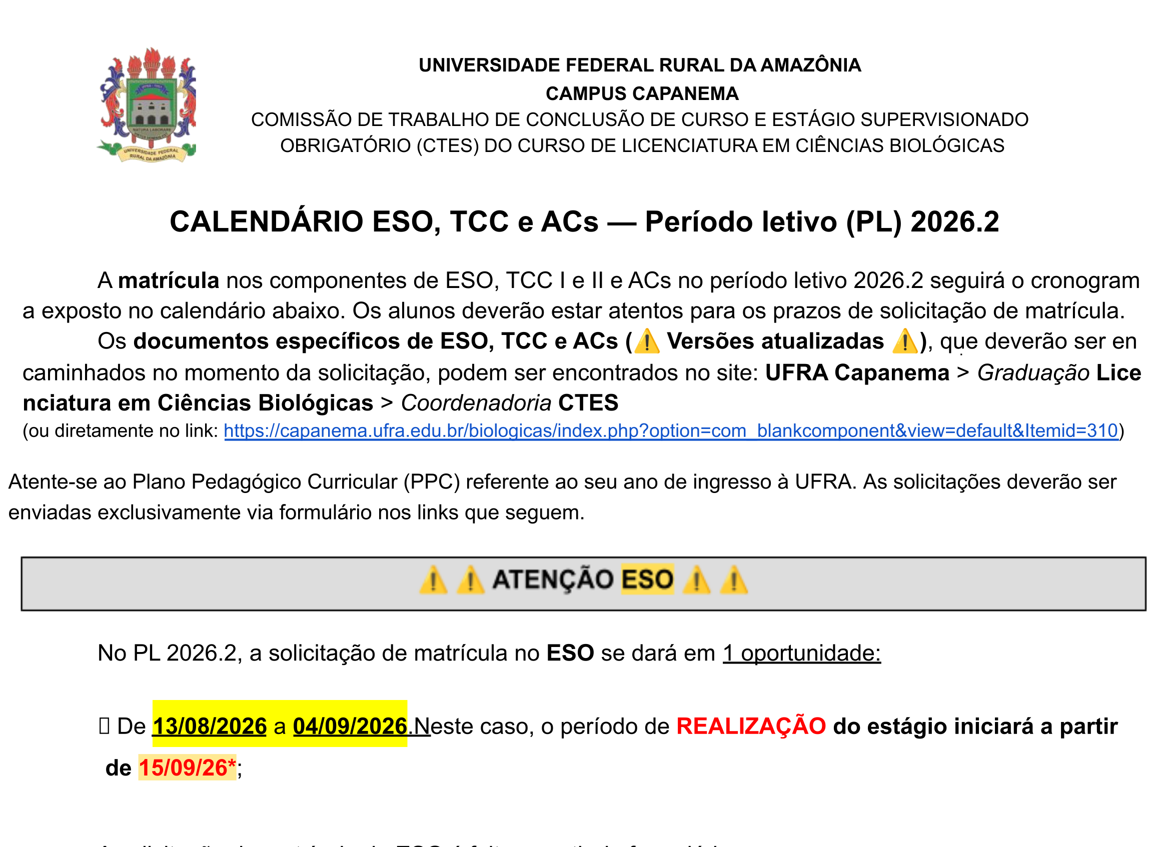 PL 2026 2 CALENDÁRIO CTES Licenciatura em Ciências Biológicas