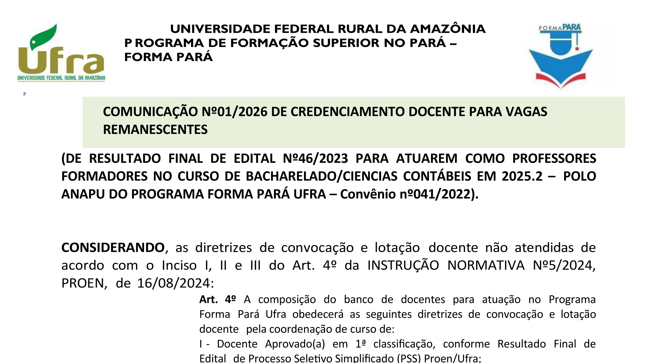 Anapu Comunicacao 01 2026 de C. DOCENTE para Vagas Remacescentes