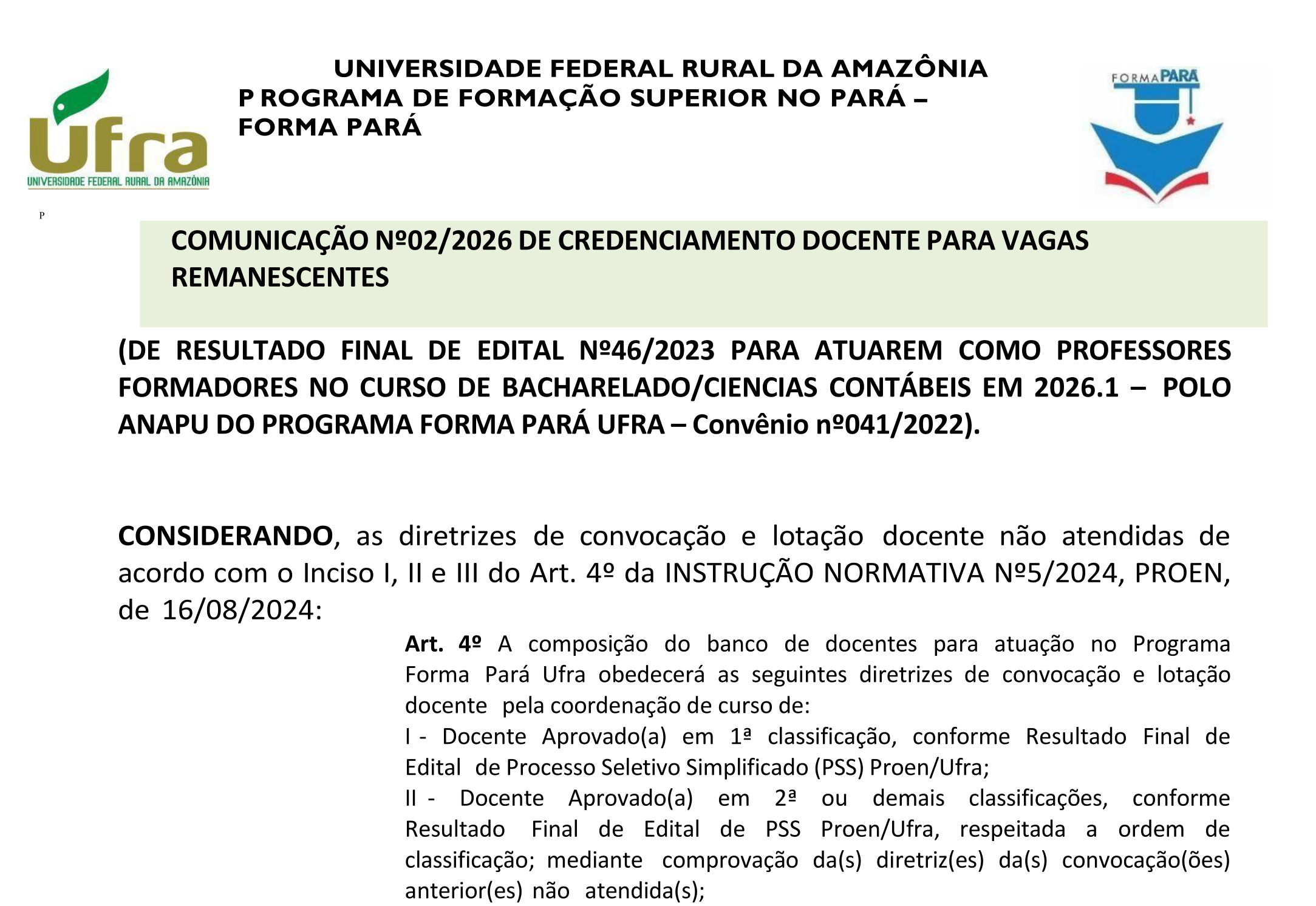 Anapu Comunicação 02/2026 - Cadastro Docente para Vagas Remanescentes