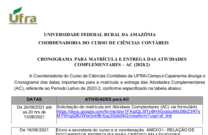 CRONOGRAMA Atividades Complementares 2020.2 Ufra Capanema Contabeis