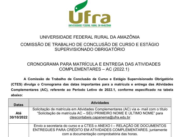 CRONOGRAMA Atividades Complementares 2022 1 Ufra Capanema Contabeis