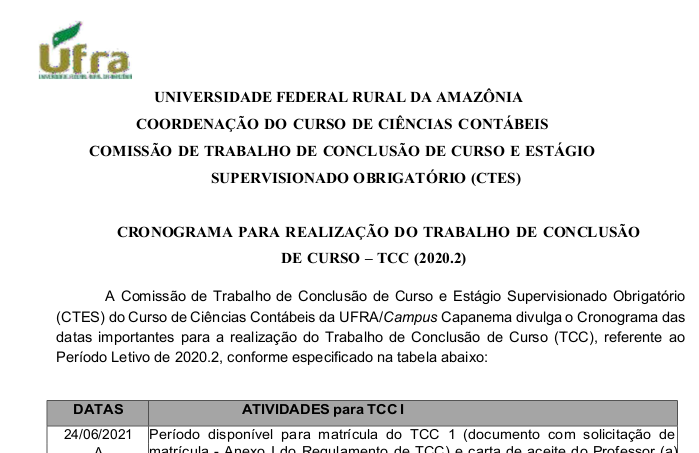 CRONOGRAMA CTES TCC 2020.2 Ufra Capanema Contabeis