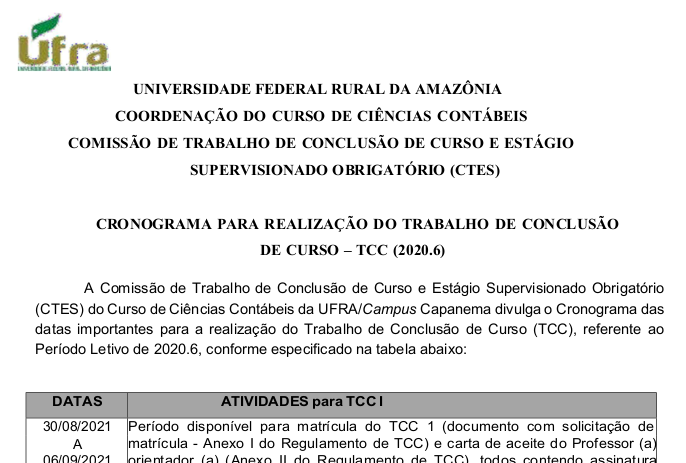 CRONOGRAMA CTES TCC 2020.6 Ufra Capanema Contabeis