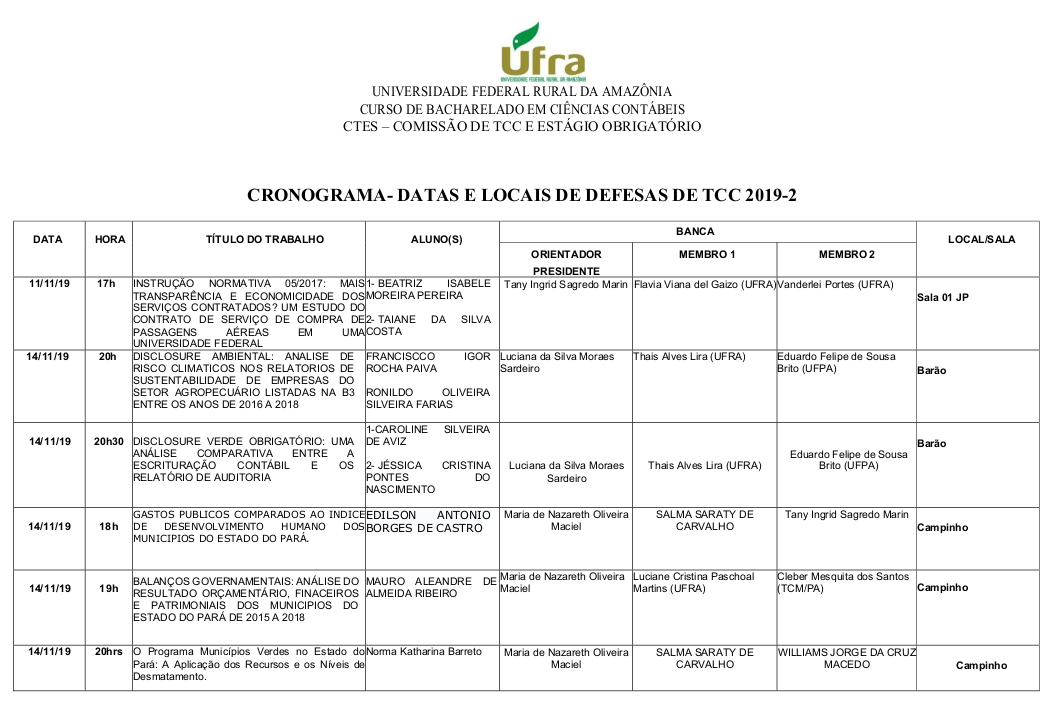 CRONOGRAMA DEFESA TCC CONTABEIS UFRA Capanema 2019 2