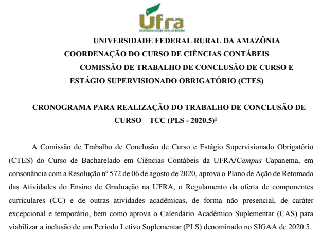CRONOGRAMA DEFESA TCC CONTABEIS UFRA Capanema 2019 2