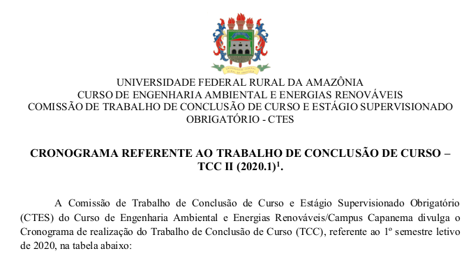 CRONOGRAMA PARA TRABALHO DE CONCLUSÃO DE CURSO TCC II 2020