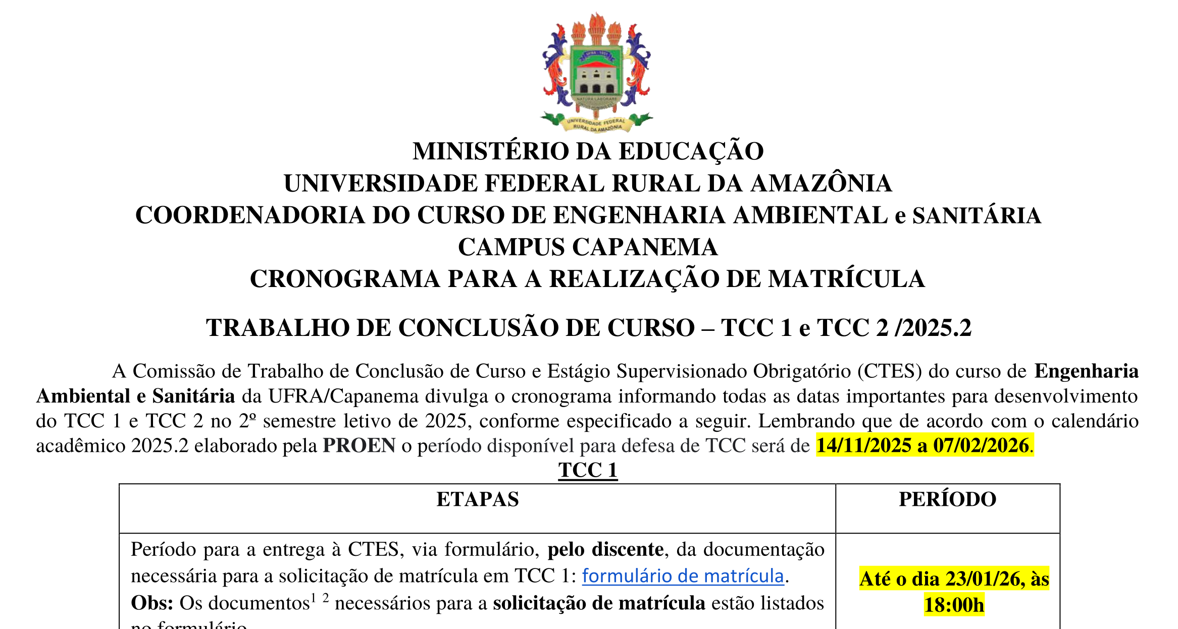 Cronograma TCC1 TCC2 2025 2