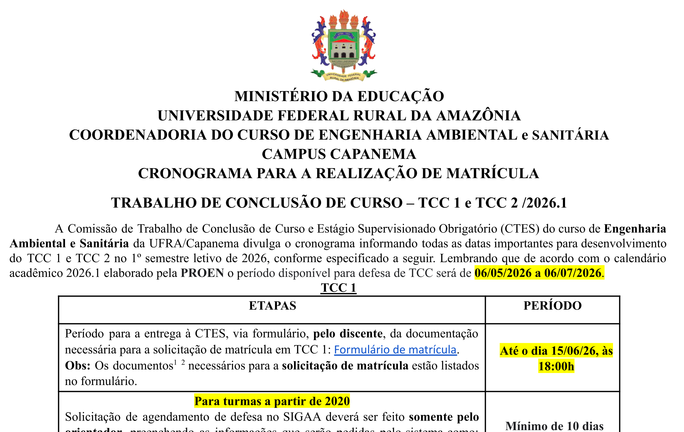 Cronograma TCC1 TCC2 2026 1
