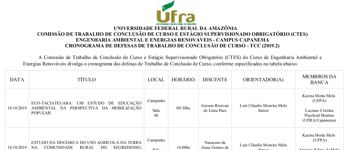 Cronograma de Defesas ENG. AMBIENTAL 2019.2