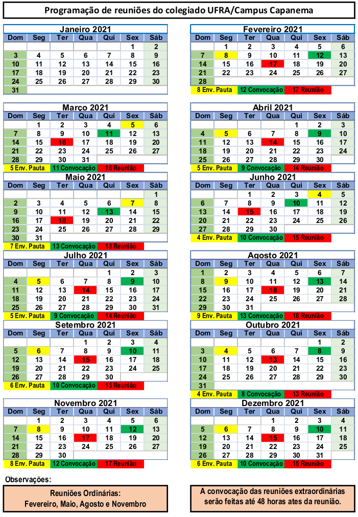 Calendario 2021 Reuniões do Colegiado do Campus