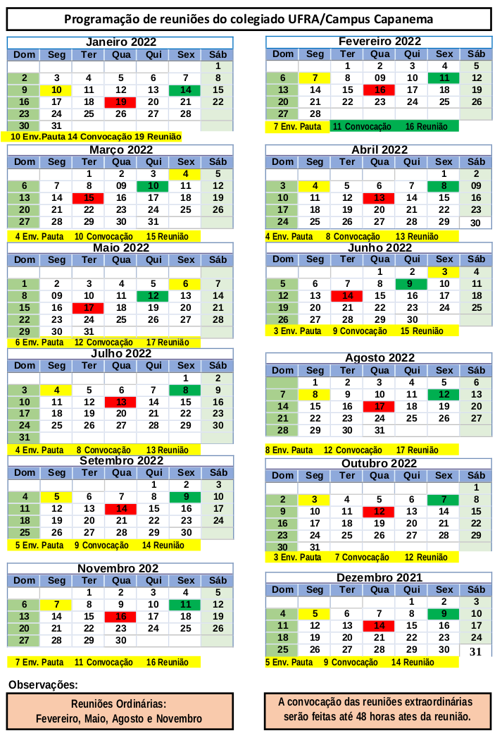 Calendario 2022 Reuniões do Colegiado do Campus
