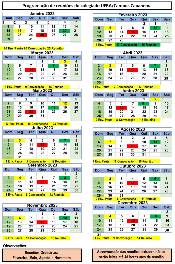 Calendario 2023 Reuniões do Colegiado do Campus