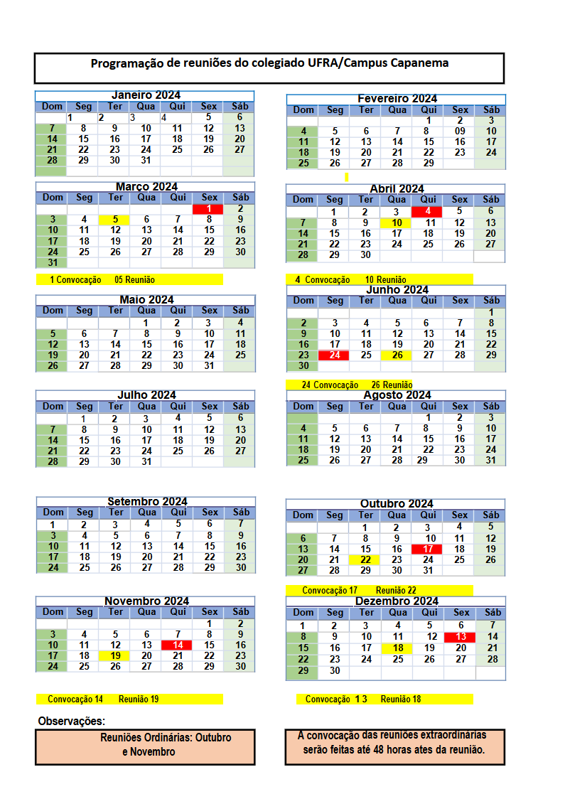 Calendario 2024 Reuniões do Colegiado do Campus
