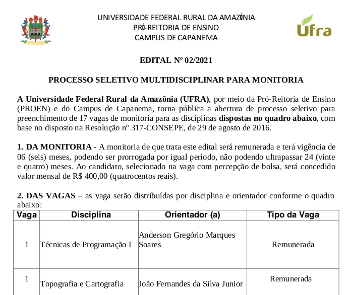 EDITAL DE MONITORIA 02.2021 PUBLICAÇÃO