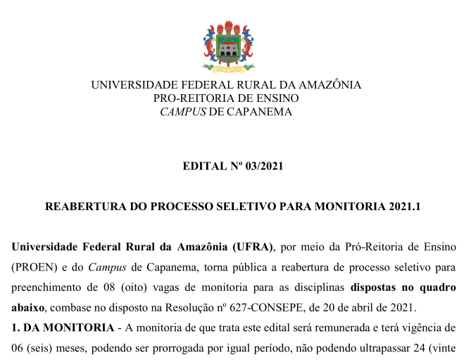 EDITAL DE REABERTURA DE MONITORIA UFRA CAPANEMA