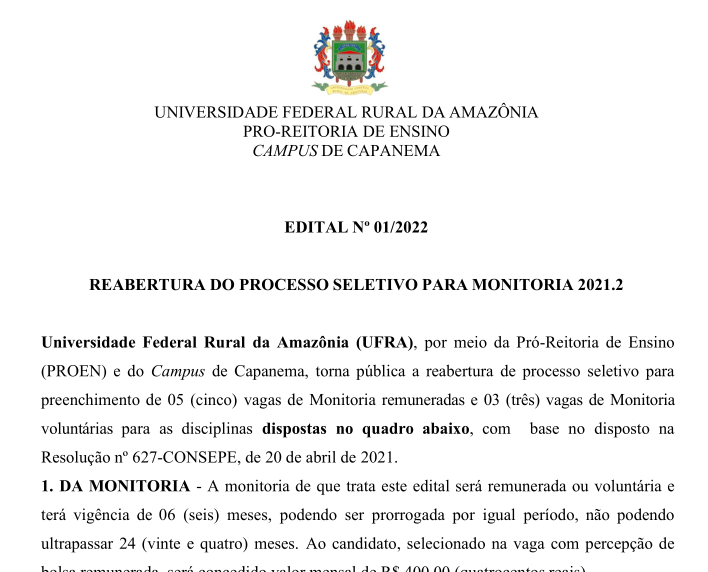 EDITAL DE REABERTURA DE MONITORIA N 01.2022