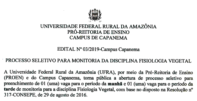 EDITAL MONITORIA VOLUNTARIA DE FISIOLOGIA VEGETAL
