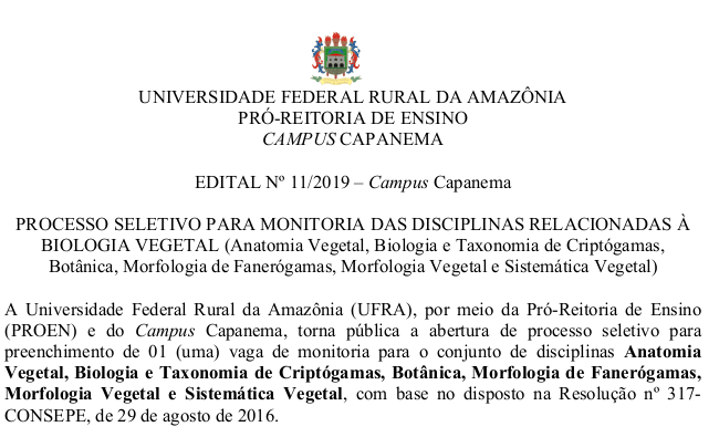 Edital 11 2019 Monitoria Disciplinas relacionadas a Botânica