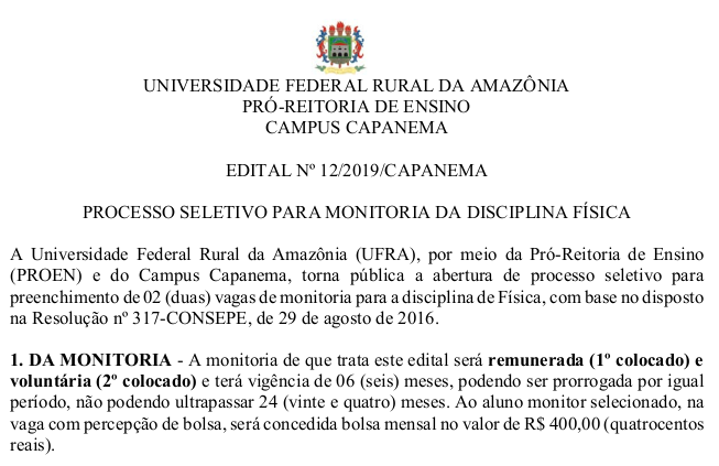 Edital concurso de monitoria Física 2019 com assinatura