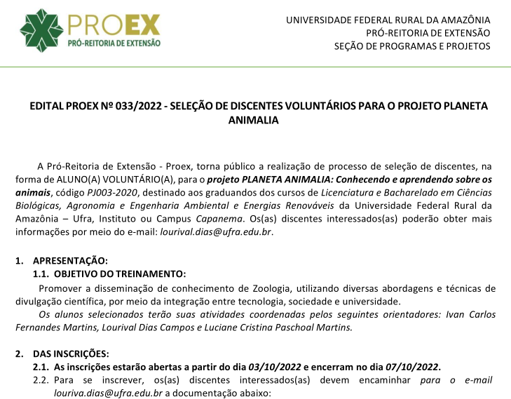 Edital n. 033.2022 Seleo Planeta Animalia PROEX