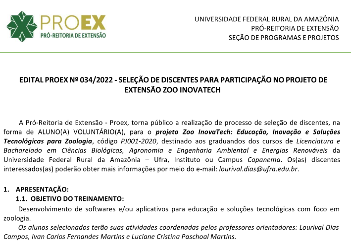Edital n. 034.2022 Seleo Zoo InovaTech PROEX