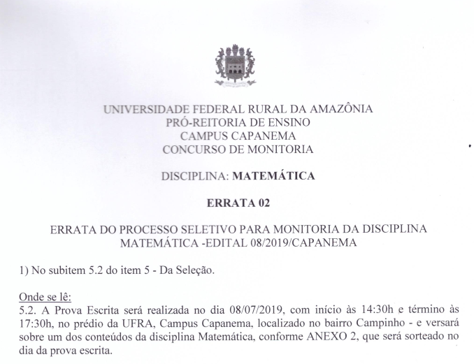 Errata Edital Monitoria Matemática 2019