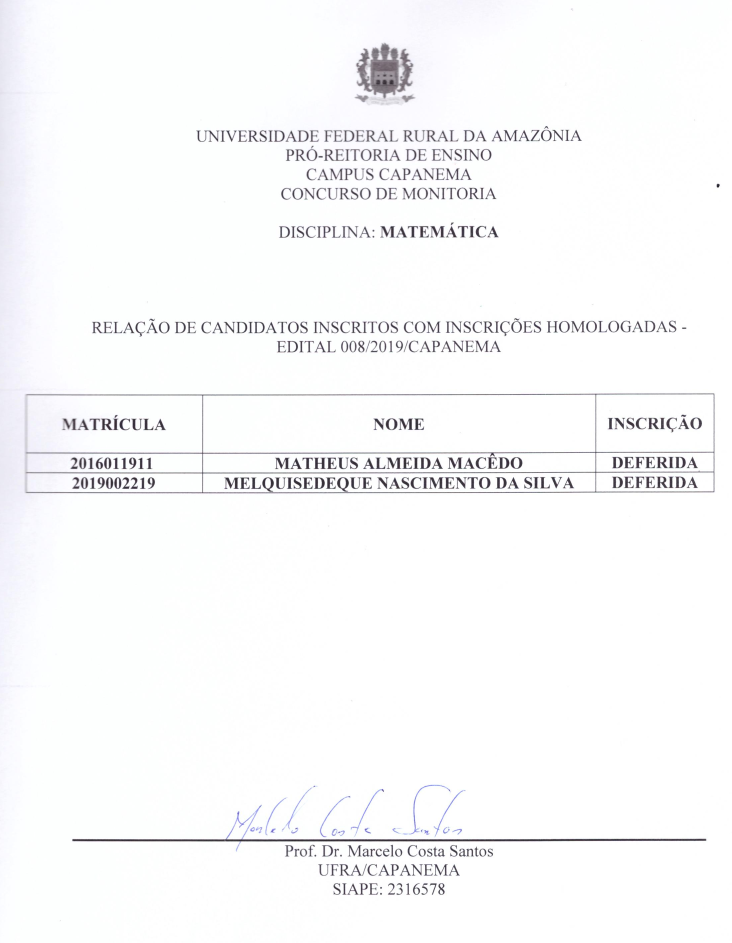 Homologação Monitoria Matemática 2019