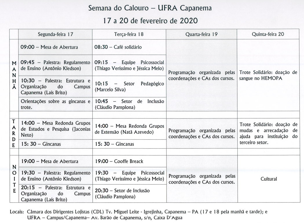 PROGRAMAÇÃO SEMANA DO CALOURO 2020 CAPANEMA